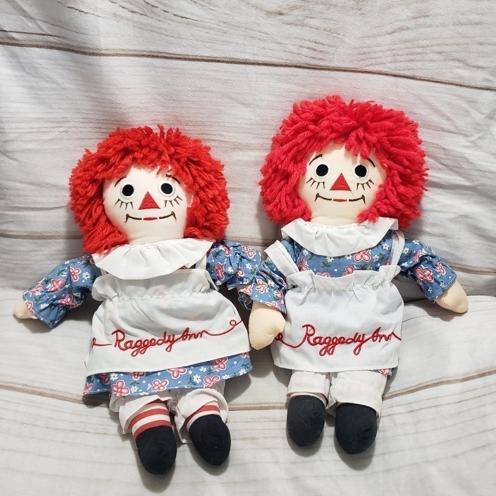 Raggedy Ann 12" Cloth Rag Doll Set Of 2 Yarn Hair Embroidered Floral Apron Dress